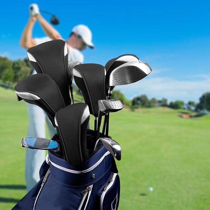 Andux 3pcs/Set Golf 460cc Driver Fairway Wood Club Head Covers | with interchangeable NO. Tags | Mesh Breathable material | Short Neck | Coloured Piping | Pull-On Closure