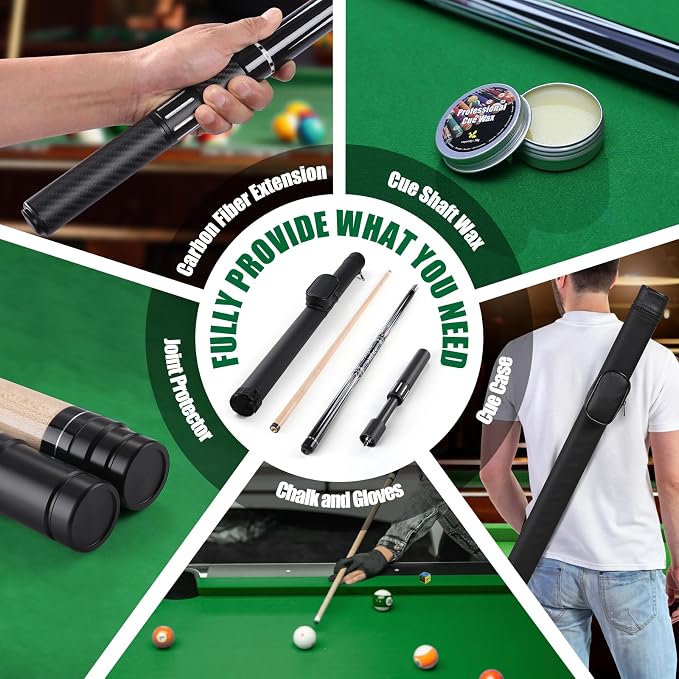 Premium Pool Cue Stick Set, 58'' Billiard Cues Canadian Maple Wood Stick 13mm Tip with Pool Cue Case, Telescopic Carbon Fiber Extension Cue & Billiards Accessories for Billiards Player