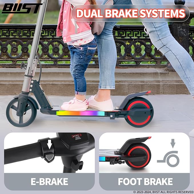 BIIST Foldable Electric Scooter for Kids, with LED Front Head Lights, Bar Lights, Shining Pedal Lights, LED Display, Dual Brakes 150W Motor Kids Electric Scooter, UL2272 Approved