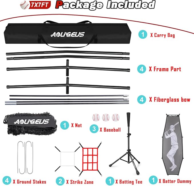 7'X7' Baseball Softball Practice Net,Pitching Net,Batting Net,with Large Ball Collection System,Baseball Pitching Kit - Batter Dummy,Bonus Strike Zone