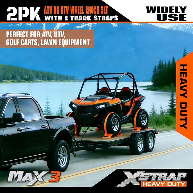 XSTRAP STANDARD Wheel Chock E-Track Tie Down Straps Kit, 2 Pack 2" x 9FT Over-The-Tire Ratchet Straps with Steel Wheel Chocks, 1466 lbs WLL for ATV, UTV, Lawn Mower, Trailer Hauling, Green