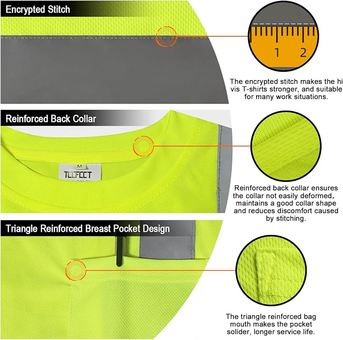 TCCFCCT Hi Vis Shirts for Men Class 2 High Visibility Shirt with Pocket, Short Sleeve Construction Work Shirts with Reflective Strips, Durable Reflective Shirts, Breathable, DC-Yellow XXL 3PCS