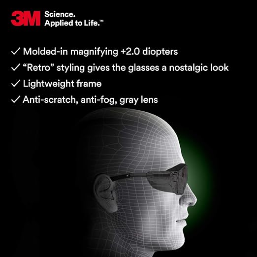 3M Safety Glasses with Readers, Nuvo Readers, +2.0 Diopter, ANSI Z87, Gray Lens, Gray Frame, Soft Nose Bridge, Side Shields
