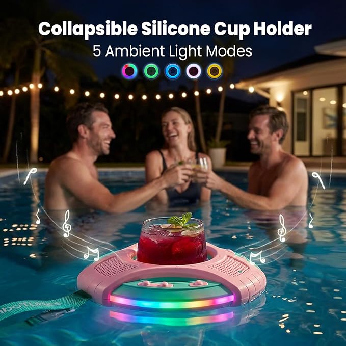 Mambobaby Float Bluetooth Speaker with Foldable Cup Holder, IPX7 Waterproof Bathroom Speaker, 360° Surround Sound, Colorful LED Lights, Dual Speakers, Ideal for Pool, Beach & Outdoor Use-Pink Green