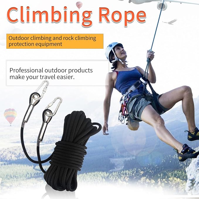 NewDoar Climbing Rope 8(5/16in),10mm (3/8in), High Strength Accessory Cord Rope with 2 Steel Hooks, for Outdoor Rescue Rappelling Rope Down Cliffs ledges Safety Escape Tow Strap Equipment(Black)