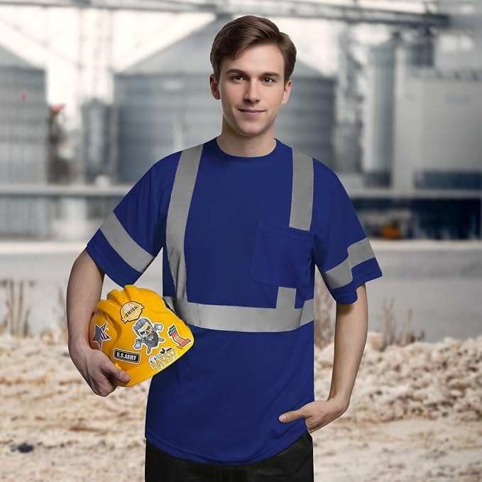 TCCFCCT High Visibility Work Shirts for Men, Short Sleeve Hi Vis Shirts, Safety & Durable, DC-Blue L