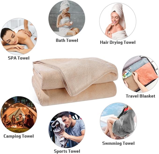 Mixweer 2 Pcs Oversized Bath Towels, 40 x 80 Inch Giant Microfiber Jumbo Bath Sheets Ultra Soft Bathroom Microfiber Quick Dry Absorbent Shower Towels for Spa Camping Beach (Light Khaki)