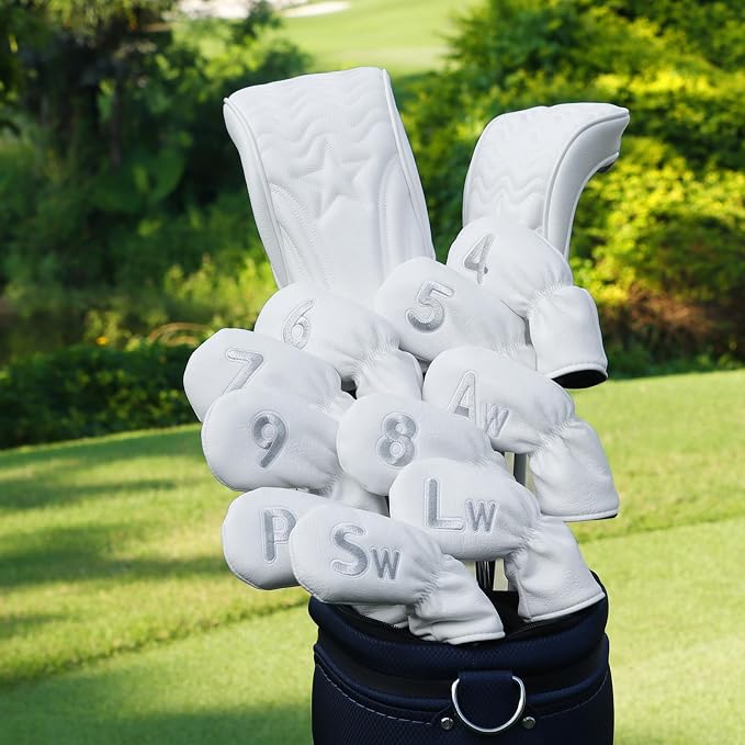 10 Pcs Iron Covers for Golf Clubs, Premium PU Leather Golf Iron Covers with Embroidered Big Numbers, Fits Most Iron Clubs and Hybrid Irons, Easy On and Off