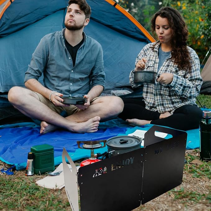Stove Windscreen - Folding Camping Stove Windshield 4 Plates Stainless Steel Stove Windscreen for Outdoor, Picnic, Backpacking and Cooking Black, Large, SW-01-Blk