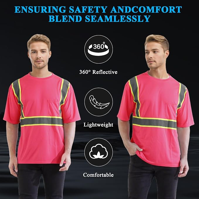 W&H Hi Vis Safety Short Sleeve Shirts Class 2 Reflective Birdeyes Fast Dry Breathable with Black Base for Work