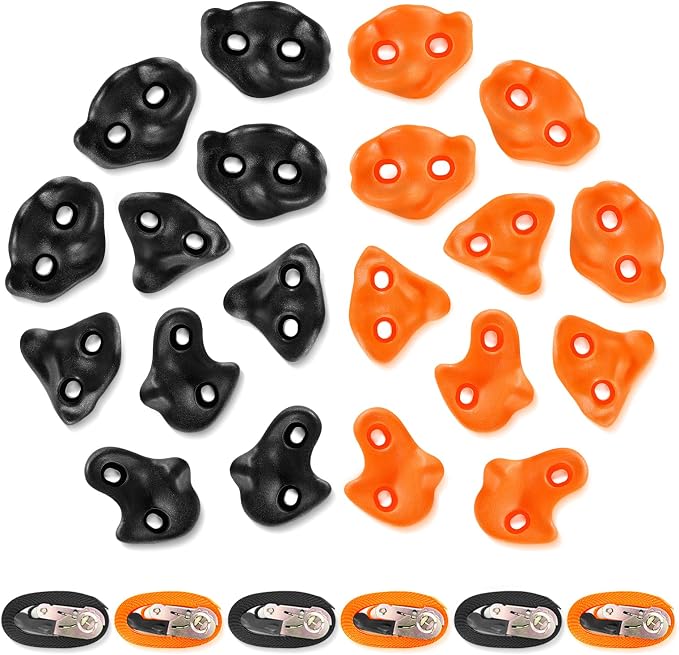 TOPNEW 20 Ninja Tree Climbing Holds for Kids Climber, Orange & Black Tree Climbing Kit with 6 Ratchet Straps for Outdoor Ninja Warrior Obstacle Course Training
