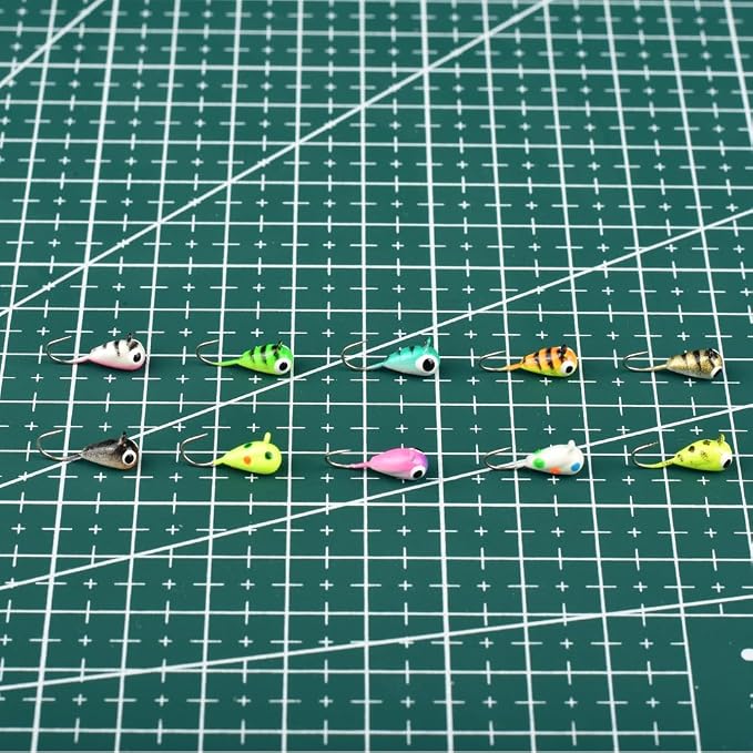 Tungsten Ice Fishing Jigs Kit, 3.2/4/5mm Glow in Dark Tear Drop Ice Fishing Lure Jigs with Waterproof Two-Sided Jig Box Assortment 20/24/30
