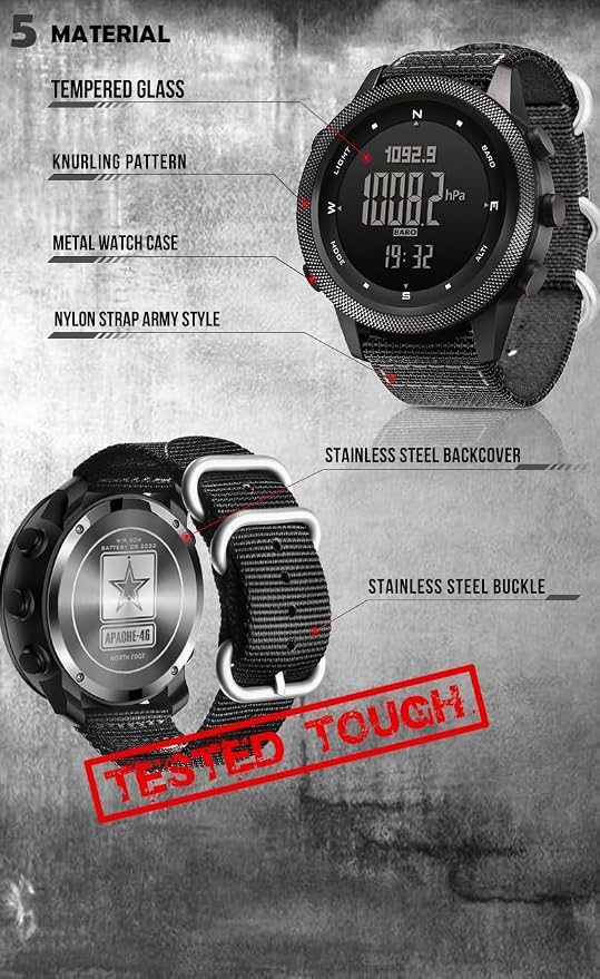 DIDITIME Tactical Watches for Men, Military Watches for Men, Waterproof 164FT, Fitness Watch, Mens Digital Watches with Compass, Metronome, Pedometer, Lightweight Breathable Nylon Watch