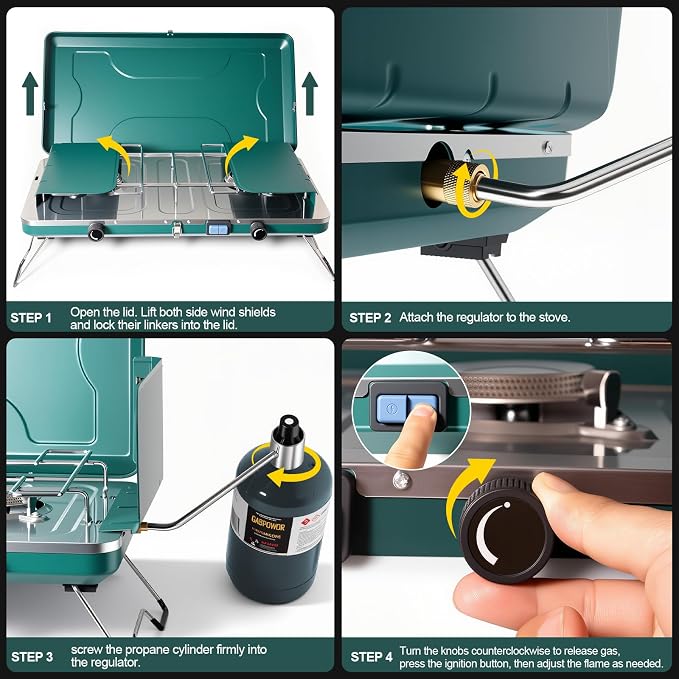 2-Burner Propane Stove, Portable Camping Cooktop with 2 Adjustable Burner and Wind Guards, 20000BTU Camping Stove with Ignition & Griddle for Camping,Tailgating, BBQ, Grilling,Outdoor Gear