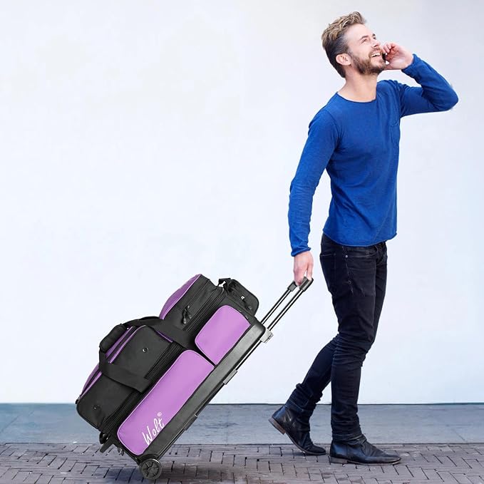 WOLT 3 Ball Bowling Bags with Wheels,Bowling Ball Bag 3 Ball Roller with Separate Shoe Compartment and Accessory Pocket, Retractable Handle Extends to 38’’