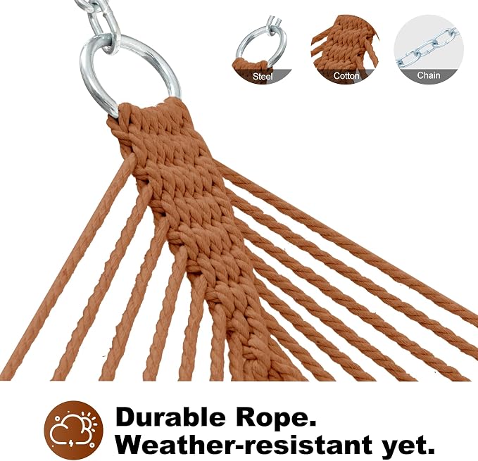 GAFETE Single Rope Hammocks for Outside, Traditional Hand Woven Cotton Hammock with Hardwood Spreader Bar, Max 450 lbs Capacity (Coffee Brown, Small)