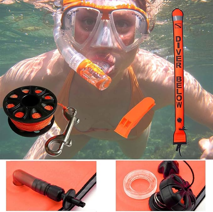Diving Surface Marker Buoy Set SMB 5ft High Visibility Inflatable Scuba Signal Tube Safety Sausage with 100ft Diving Spool Reel and Clip