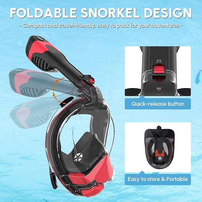Yosmer Electric Full Face Snorkel Mask for Adults, Fan-Assisted Snorkeling Mask with Dry Top System, 180° Panoramic View, Anti-Fog Design, Foldable Travel Snorkel Gear