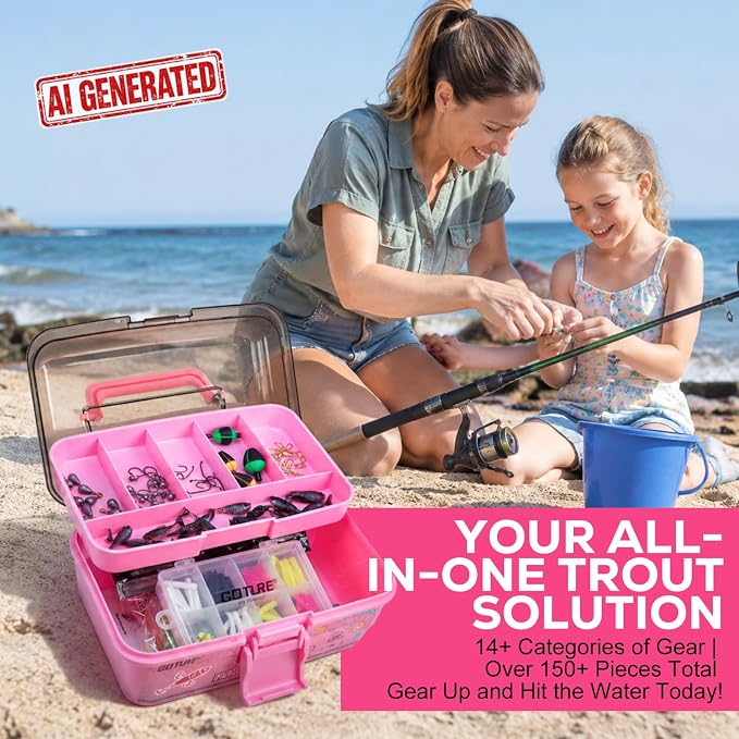 Goture 2-Layer Fishing Tackle Box with Trout Fishing Lures Kit Included, Portable Tackle Organizer with Hooks Sinkers Spinners & Soft Baits, Ideal Fishing Gifts for Men Anglers