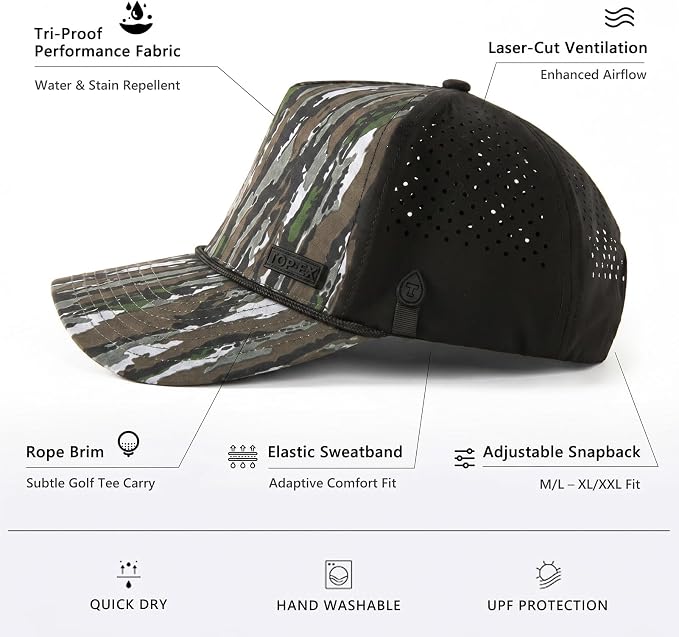 TOP-EX Performance Baseball Hat for Men Water Resistant Golf Cap Running Cooling Snapback Laser Perforated