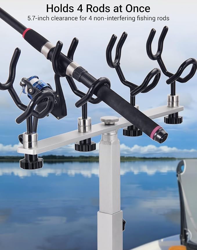 Aluminum Spider Rigging Rod Holder for Boat - 4 Pole Crappie Fishing Rack, Heavy Duty 6063-T5 Marine Grade Aluminum, 16.5"-30.5" Adjustable Height Square Tube Support for Catfish & Trolling