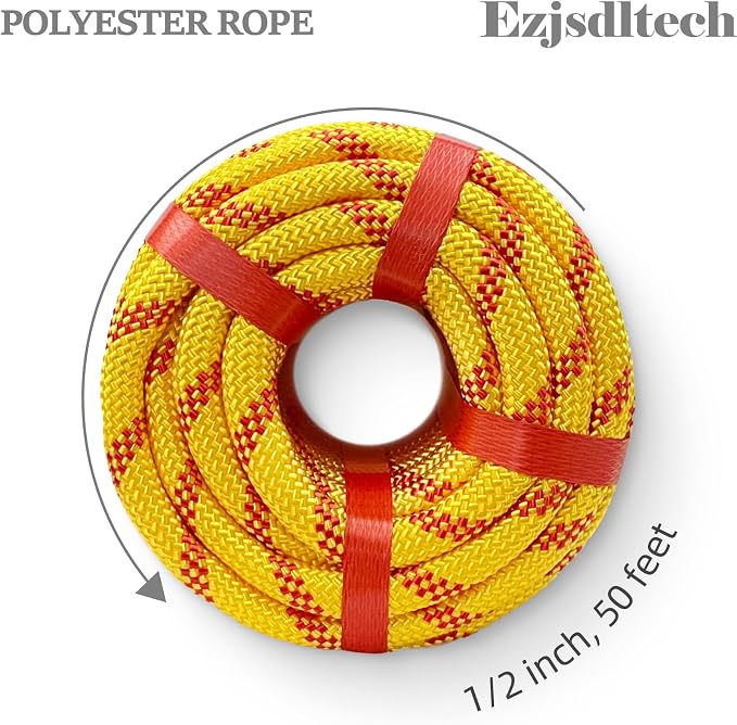 1/2 in x 50 ft Polyester Arborist Rigging Rope, Yellow Braided Tree Climbing Rope 48 Strands for Farm Work and Swinging
