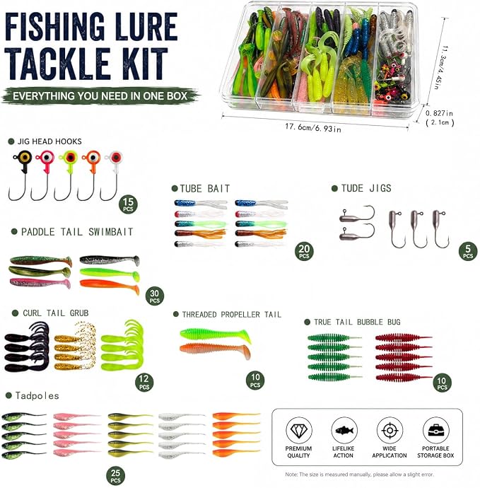 Crappie Fishing Lures Kit, 75/128/144Pcs Tube Lures Jigs Soft Plastic Baits | Includes Tube Lures, Jig Heads, Grub Worms & Swimbaits with Tackle Box for Bass, Trout, Freshwater & Saltwater Fishing