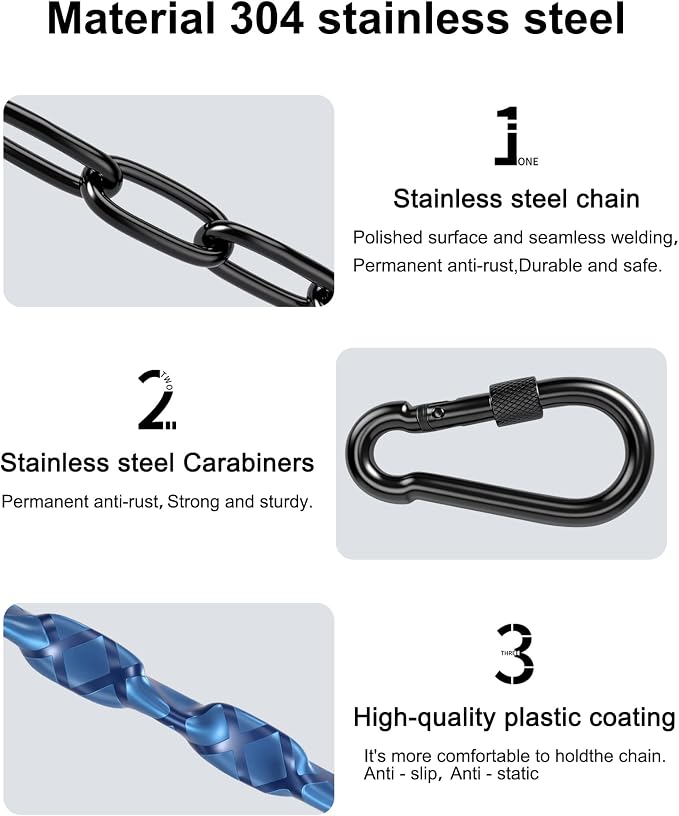 Stainless Steel Link Chain 64inch 304 Permanent Rust Chain 2 Pack with 4 Spring Snap Hooks, 1000LB Load Bearing Metal Chain Heavy Duty Safety Chain for Swing, Yoga, Hammock, sandbag Suspension