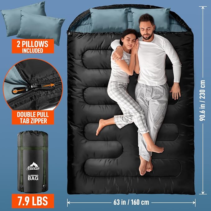 MEREZA Double Sleeping Bag for Adults Mens with Pillow, XL Queen Size Two Person Sleeping Bag for All Season Camping Hiking Backpacking 2 Person Sleeping Bags for Cold Weather & Warm