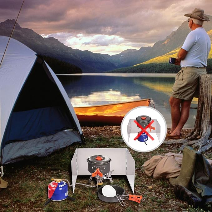 REDCAMP 3 Plates Folding Stainless Steel Stove Windscreen, Portable Camping Stove Windshield Butane Burner Windshield for Hiking, Outdoor, Backpacking Silver