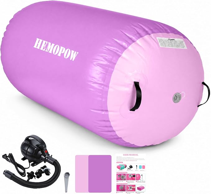 Inflatable Gymnastics Air Barrel Roller with Electric Pump, Heavy Duty PVC Tumbling Barrel Back Handspring Trainer, Air Tumble Track Mat for Home Gym, Cheerleading, Yoga Practice