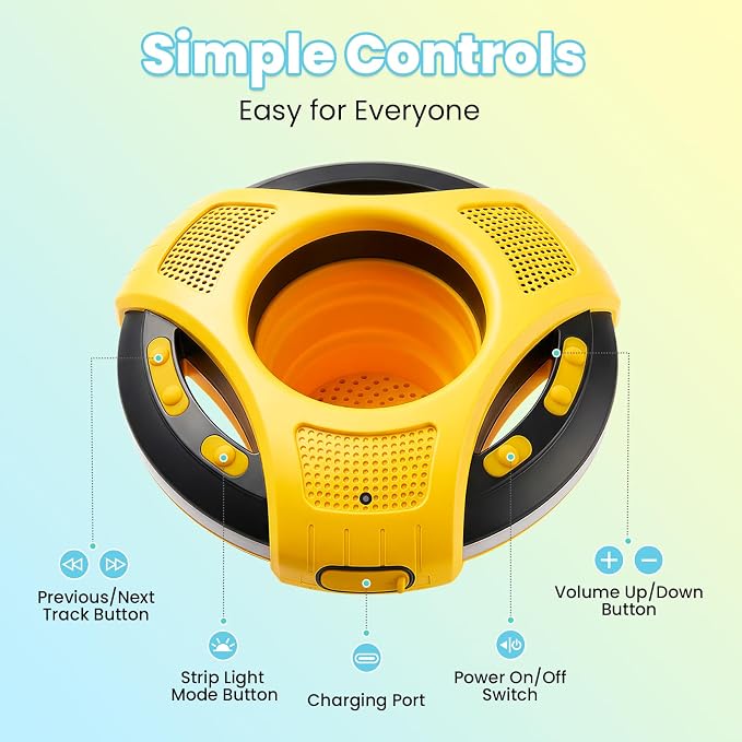 Mambobaby Floating Bluetooth Speaker with Collapsible Cup Holder, IPX7 Waterproof Shower Speaker with 360° Sound & LED Lights, Pool, with Versatile Hanging Strap, Great Gift for All Ages(Yellow Black)