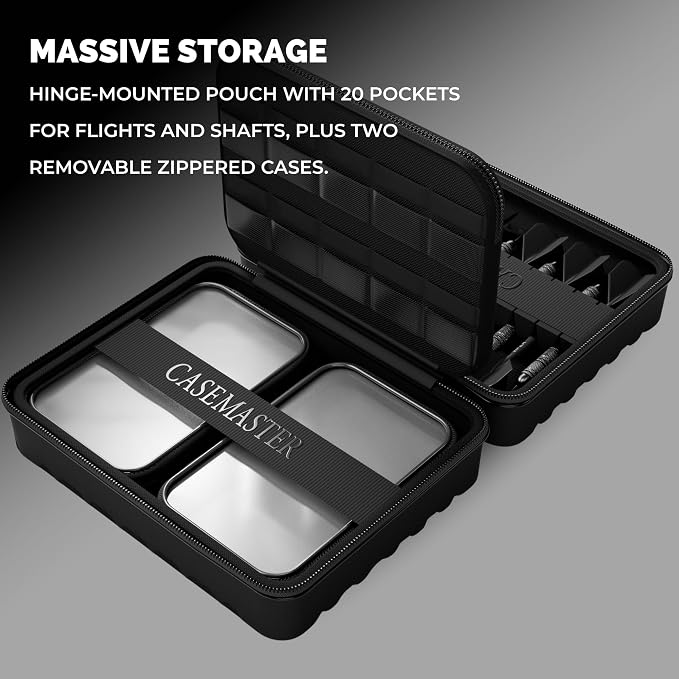 Casemaster Maxx 4 Dart Case, Holds 12 Steel Tip or Soft Tip Darts Fully Assembled, Hard Shell EVA Darts Case, 20 Accessory Pockets, Black