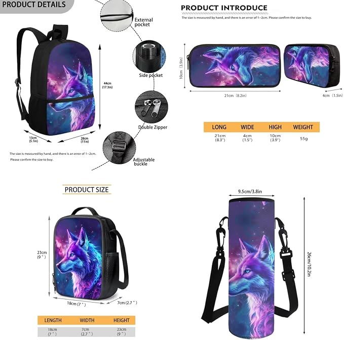 Wolf Backpack for Girls School Bag with Lunch Box Pencil Case Water Bottle Set Elementary School Bookbag Lightweight School Bag Daypack Set 4 in 1