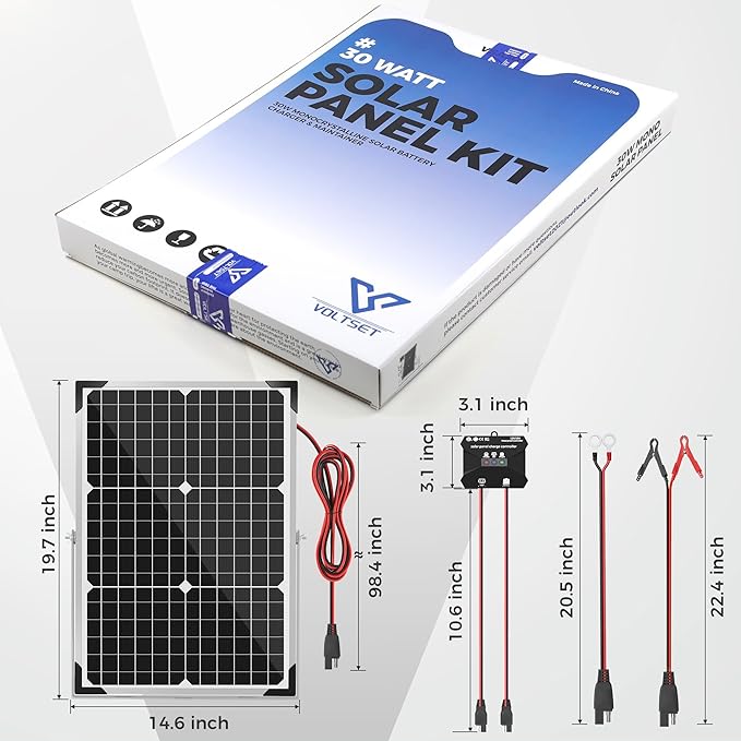 Voltset 30W Solar Battery Charger - 12V Solar Panel Kit with 10A Smart Charge Controller - IP67 Waterproof Solar Trickle Charger Maintainer - Adjustable Mount Bracket for RV Boat Car Motorcycle