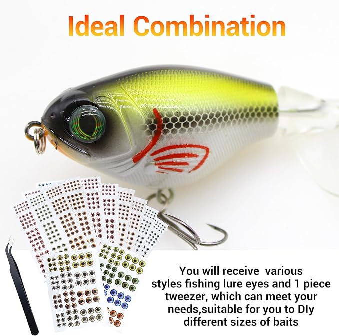 3D 4D 5D Fishing Lure Eyes Assortment with 1 Piece Tweezer for Making Fish Bait Fly Tying Streamers Crafts DIY Accessory (6 Sizes: 3 mm/ 4 mm/ 5 mm/ 6 mm/ 8 mm/ 10 mm)