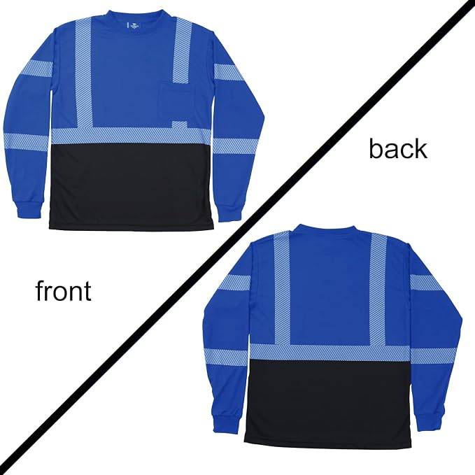 VENDACE Safety T Shirts Reflective High Visibility 3 Pack Hi Vis Long Sleeve Construction Work Shirts for Men (Royal Blue,XL)