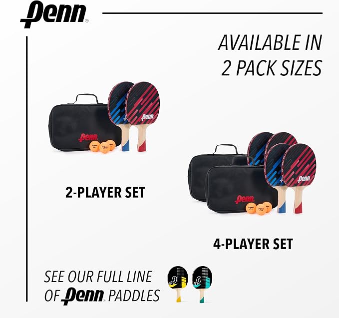 Penn 2-Player Table Tennis Paddle Set - 2 x 3.0 Paddles, 3 Balls & Storage Pouch - Ping Pong Rackets with Balanced Sponge Backing, Competition Rubber & Ergonomic Handle - Outdoor Sports