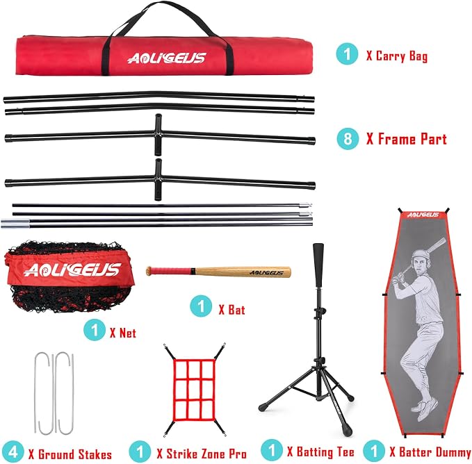 7'X7' Baseball Softball Practice Net,Pitching Net,Batting Net,with Baseball Tee,Bonus Strike Zone and Bow Frame,for Hitting,Pitching, Catching