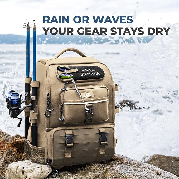 Fishing Backpack with Tackle Boxes and Rod Holders 40L; Plus Rain Cover, Padded Back Support, Insulated Front Pocket for Hot/Cold Lunch, Water Bottle Holder (Force Khaki)