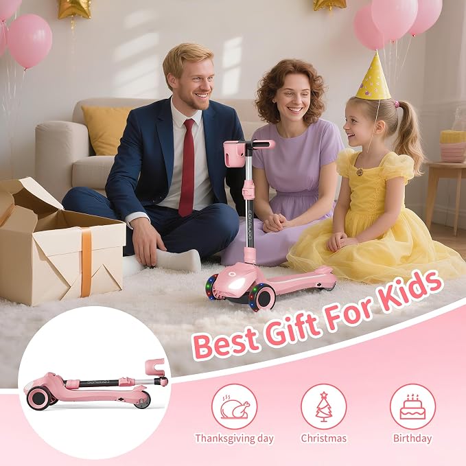 Electric Scooter for Kids with 3 LED Lighted Wheels, Adjustable Height & Lean-to-Steer, Anti-Slip Deck with Lights, Easy-Fold Mechanism, Balance Scooter for Kids,Toddlers