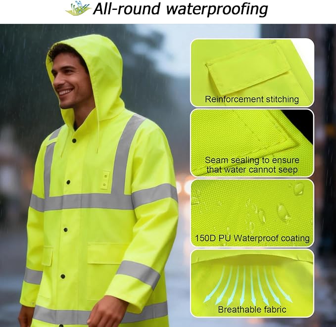 Hi Vis Rain Jacket Rain Suits for Men, Hihg Visibility Waterproof Rain Coat with Hood, Class 3 Lightweight High Vis Rain Gear for Outdoor & Safety Work, Men Women, Yellow Long, XL