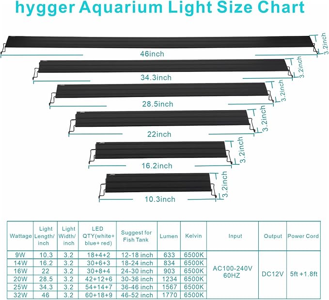 hygger 25W Full Spectrum Aquarium Light with Aluminum Alloy Shell Extendable Brackets, White Blue Red LEDs, External Controller, for Freshwater Fish Tank (36-46 inch)