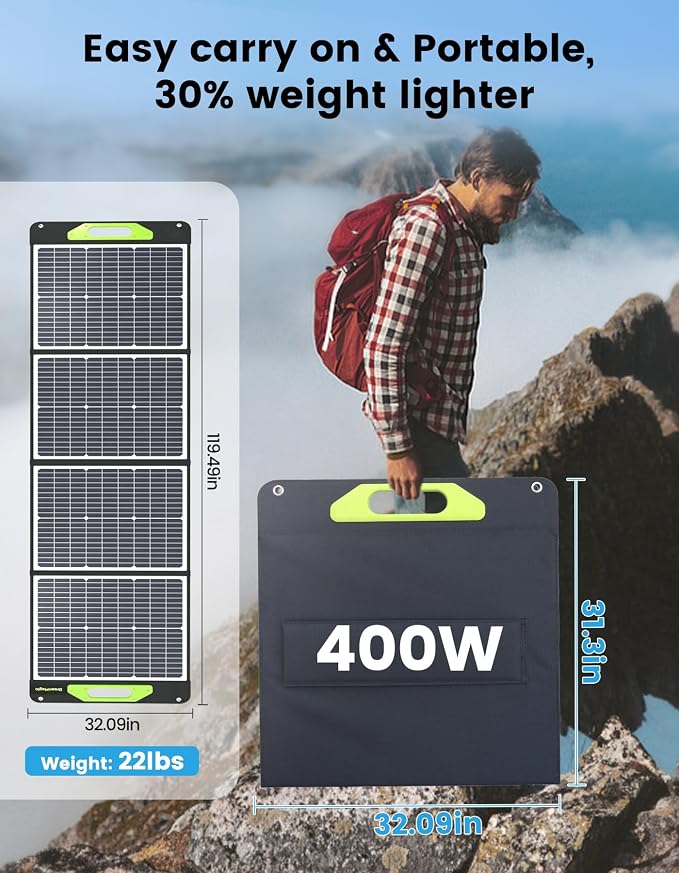800W Portable Solar Panel, 2pcs 400W Portable Solar Panels 39V, 23% Efficiency Foldable IP67 Waterproof Adjustable Kickstands, Off-Grid Power Smart Sunlight Alignment via Suncast, for Camping, RV