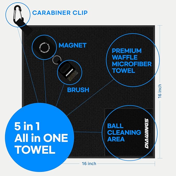 Diawings All in One Golf Towel, 5-in-1 Multi-Functional Golf Towel, with Magnetic Hold, Waffle Weave Microfiber Club & Ball Towel, Retractable Brush, Carabiner Clip – Ultimate Golf Accessory (Black)