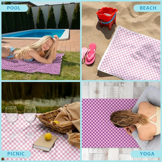 2 Pcs Microfiber Beach Towel Sand Free Sandproof Quick Dry Oversized Lightweight Retro Geometric Pink White Checkered Pattern Travel Pool Yoga Bath Blanket Accessories 71 x 32 Inches