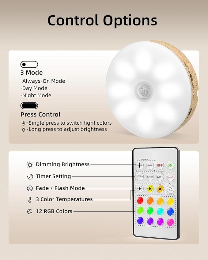 EZVALO Under Cabinet Lighting, 1000mAh Rechargeable Puck Lights with Remote, 3 Color Temps & 12 RGB Motion Sensor Closet Lights, Dimmable Under Cabinet Lights for Kitchen, Cabinets, Closet (3 Packs)