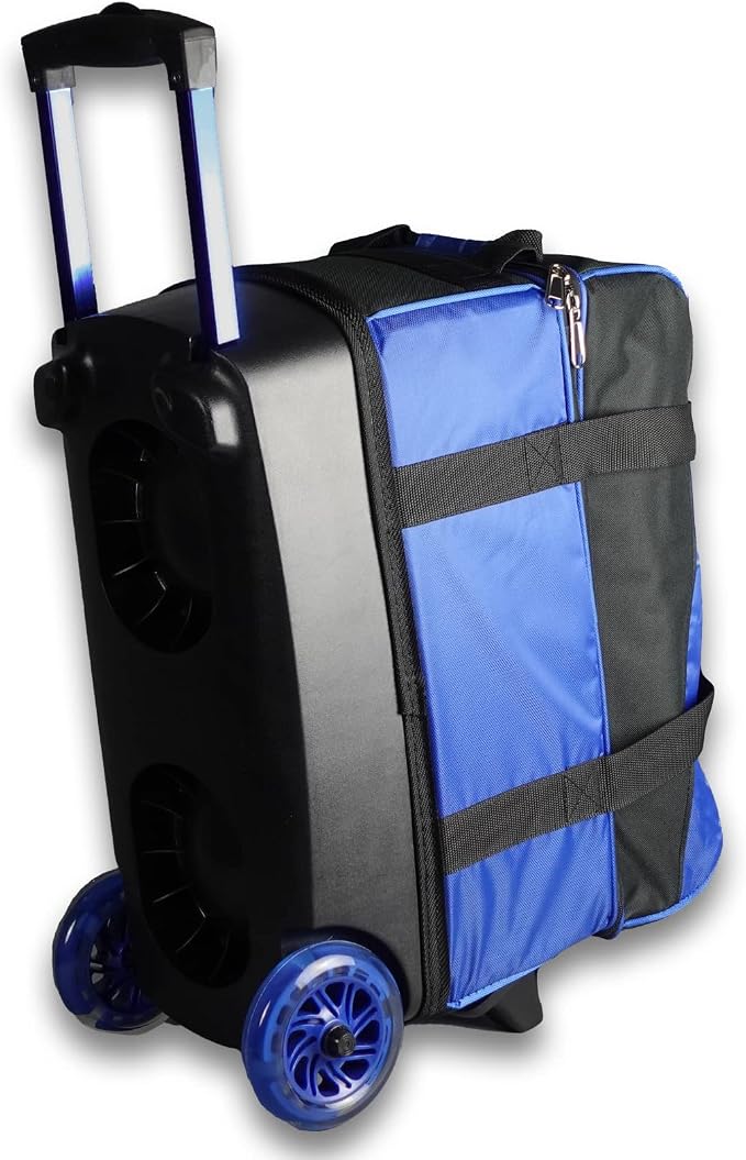 ELITE Deluxe 2 Ball Bowling Bag with 5" Smooth Wheels - Large Accessory Pocket, Shoe Compartment, 36" Extendable Handle