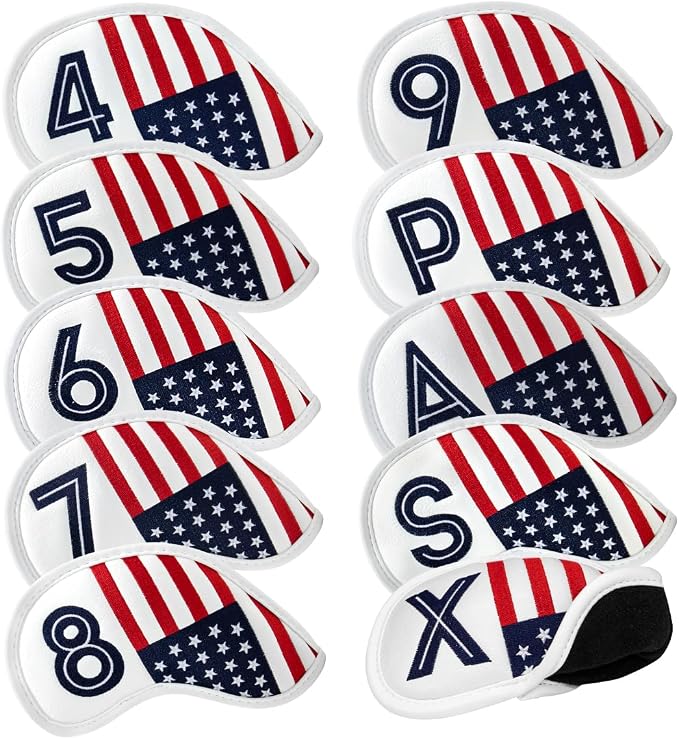 Magnetic Golf Iron Covers Premium Leather Iron and Wedge Golf Club Head Covers - Set of 10 Fits Most Clubs USA American Flag Head Cover Set Headcovers for Irons