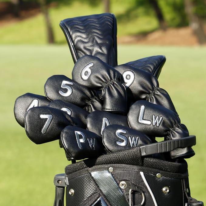10 Pcs Iron Covers for Golf Clubs, Premium PU Leather Golf Iron Covers with Embroidered Big Numbers, Fits Most Iron Clubs and Hybrid Irons, Easy On and Off